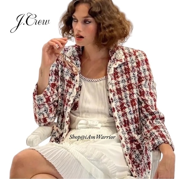 J.Crew 2 PC crimson plaid tweed jacket + matching midi skirt - Picture 3 of 15